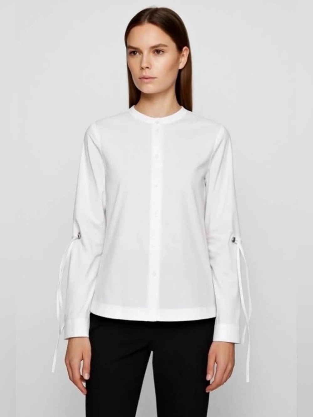 Hugo Boss White Erilia Button-Down Blouse Top with Sleeve Tie Details